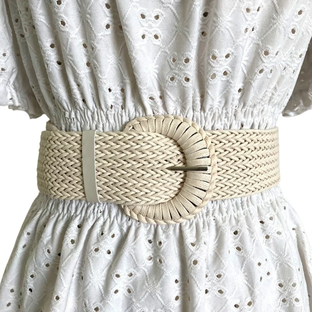 Natural Woven Faux Straw Wide Waist Belt Chunky Round Buckle Cottage Boho summer
